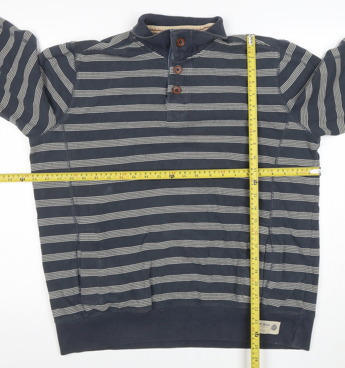 Marks and Spencer Men's Blue Striped Long Sleeve Cotton Polo M