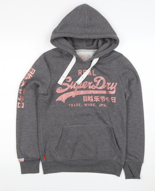Superdry Women's Grey Pullover Hoodie XS Cotton Blend Graphic Print