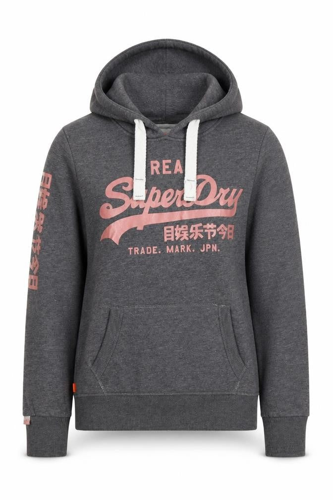 Front view of Superdry Women's Grey Pullover Hoodie XS Cotton Blend Graphic Print