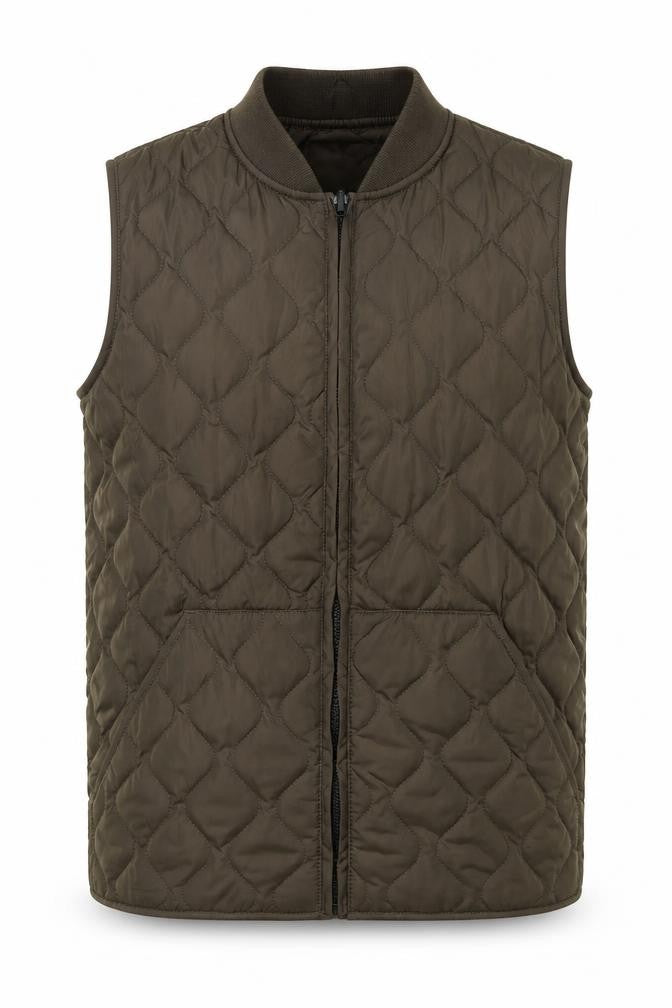 Front view of AW85 Men's Brown Quilted Polyester Waistcoat Small Padded Zip Casual