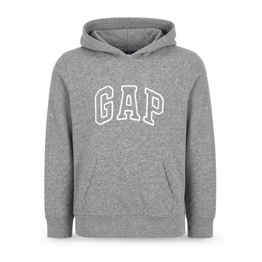 Front view of Gap Men Grey Pullover Hoodie Medium Logo Graphic Sweatshirt