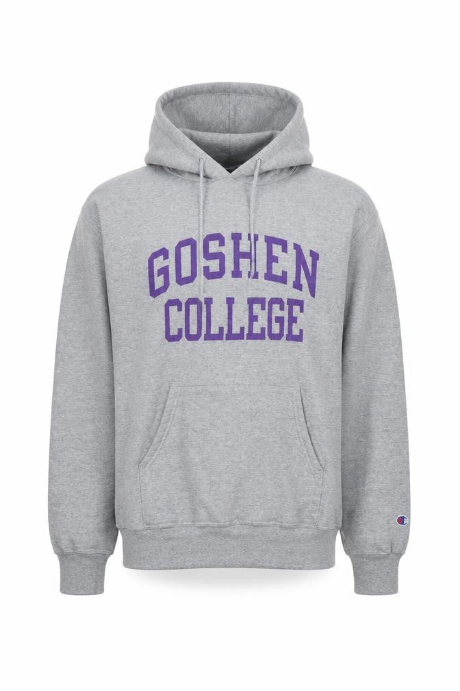 Front view of Champion Men's Grey Medium Pullover Hoodie Goshen College Logo