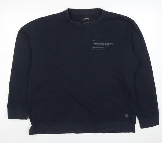 Pull&Bear Men's Blue Graphic Cotton Pullover Sweatshirt L