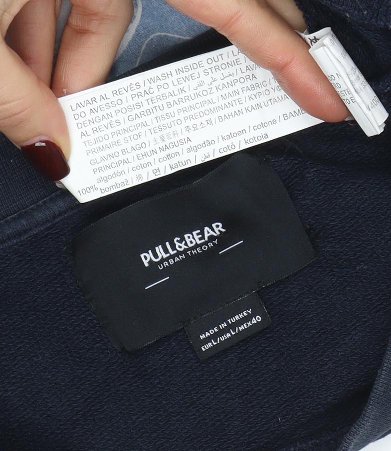 Pull&Bear Men's Blue Graphic Cotton Pullover Sweatshirt L