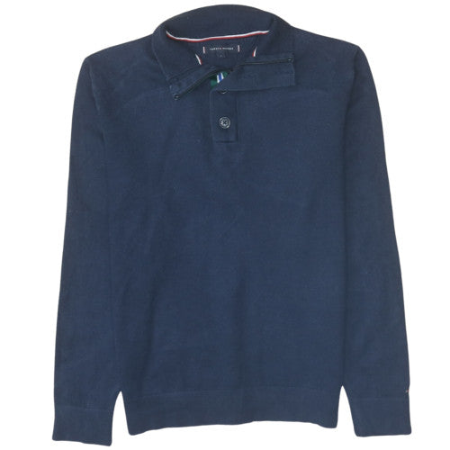 Tommy Hilfiger Men Blue Cotton Henley Jumper L Collared Knit