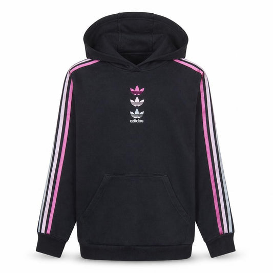 Front view of Adidas girls’ black pullover hoodie 15-16 years hooded fleece logo sweatshirt