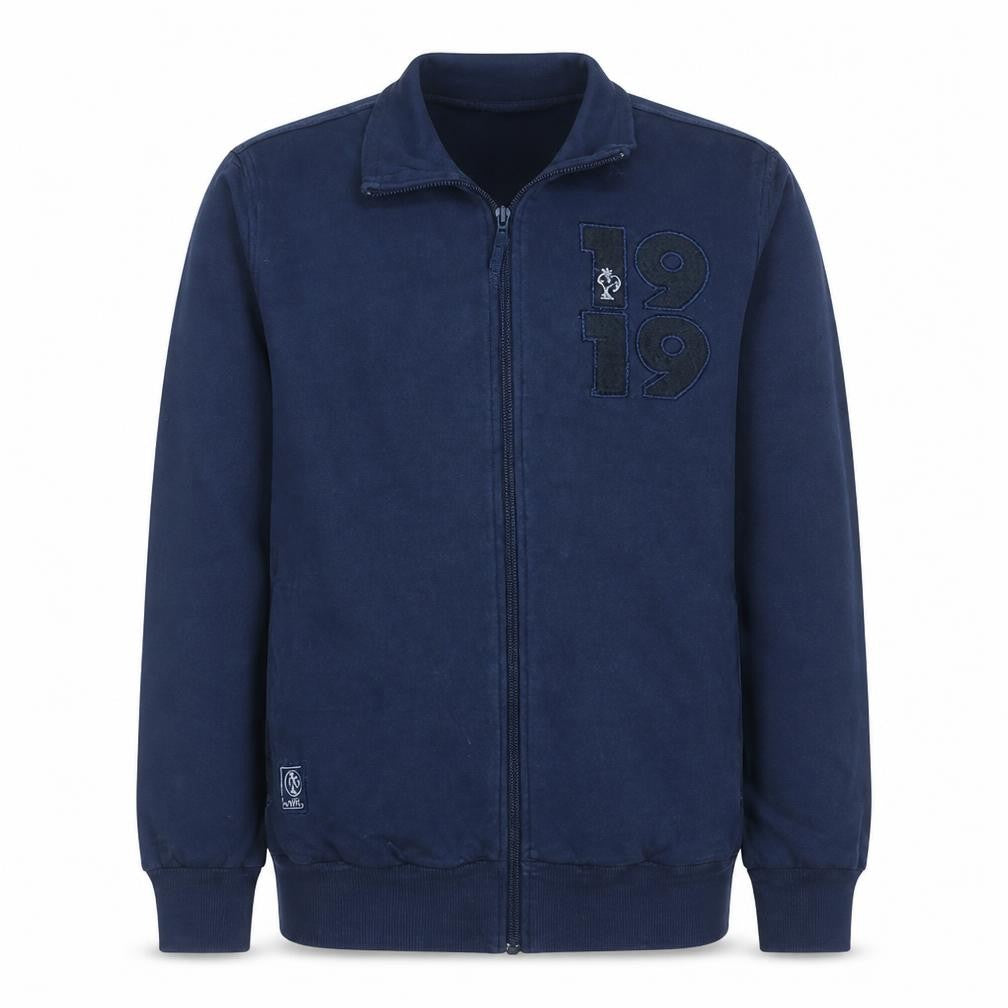 Front view of Adidas men’s blue full zip sweatshirt l regular fleece 1919 logo