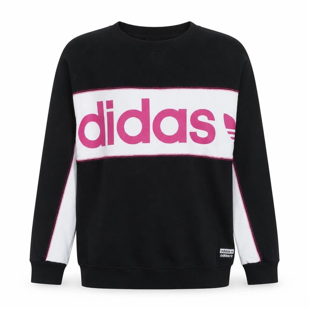 Front view of Adidas women’s black pink logo crew neck sweatshirt, size L, 18