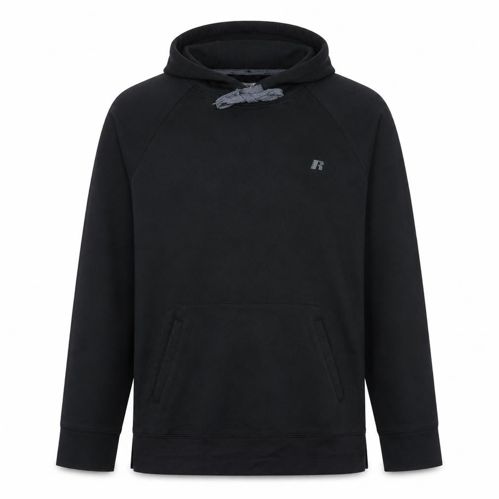 Front view of Russell Men's Black Pullover Hoodie, size M, Athletic Fleece