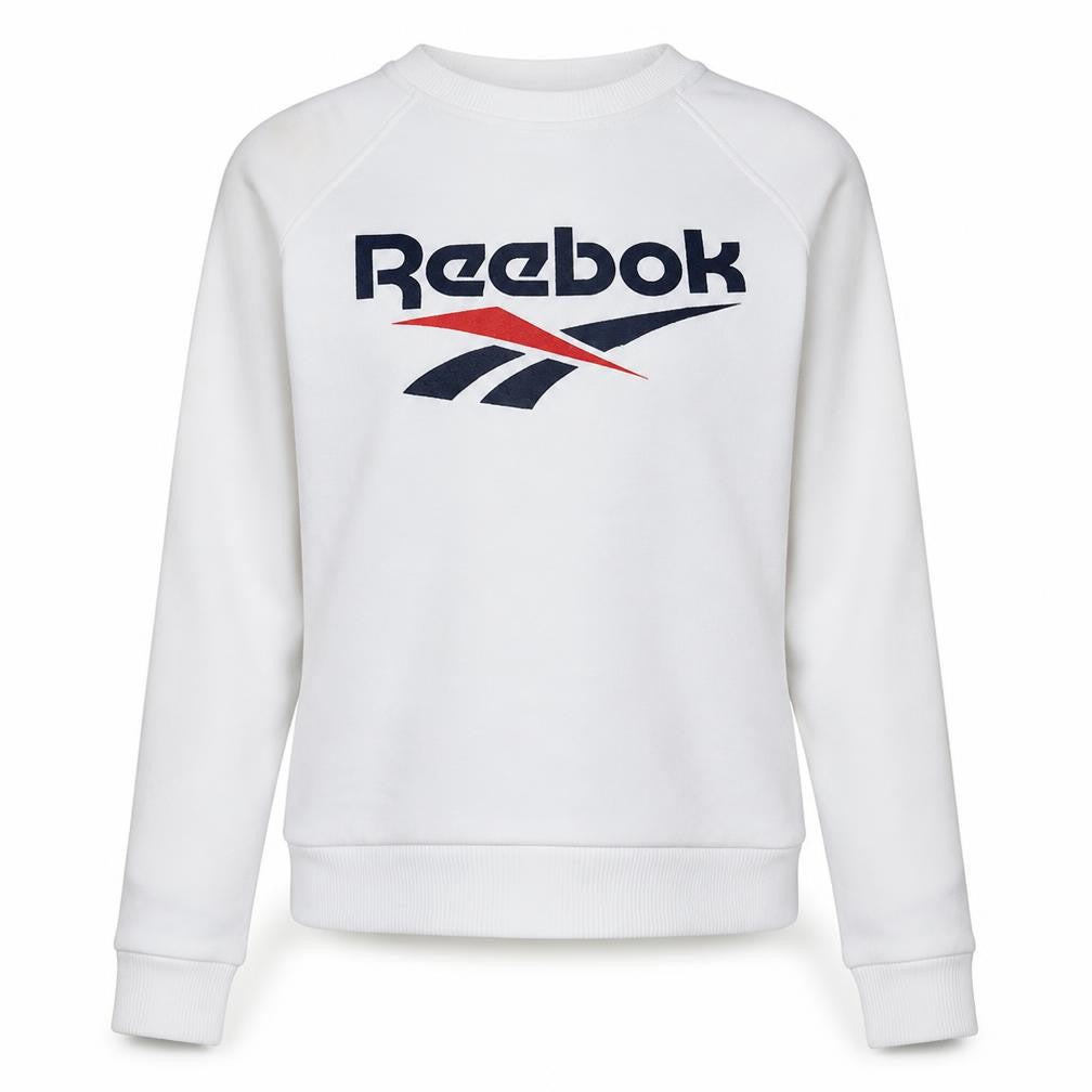 Front view of Reebok Classic Women's White Crew Neck Pullover Sweatshirt, size M