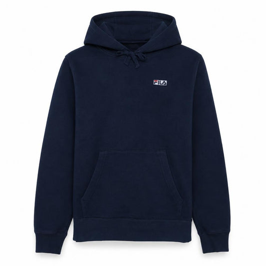 Front view of Fila Men's Blue Pullover Hoodie M Logo Fleece Sweatshirt