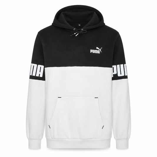 Front view of Puma Men's Black & White Pullover Hoodie M Regular Fit Logo Sportswear