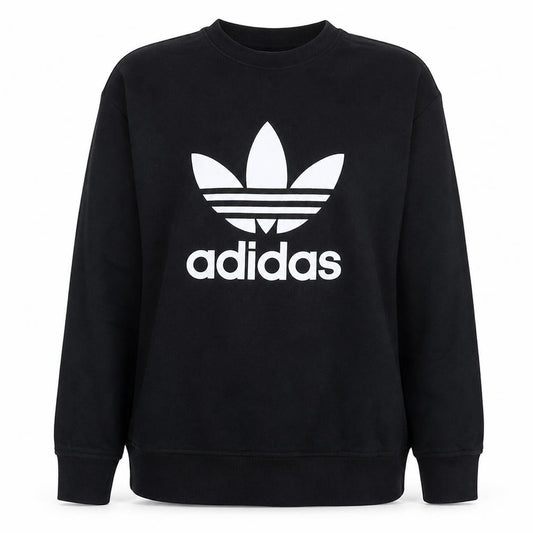 Front view of Adidas women’s black crew neck pullover sweatshirt, size UK 8, logo print