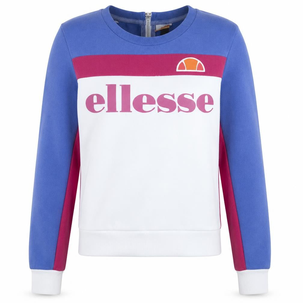 Front view of Ellesse women’s blue white pink logo sweatshirt, size UK 12, cotton blend