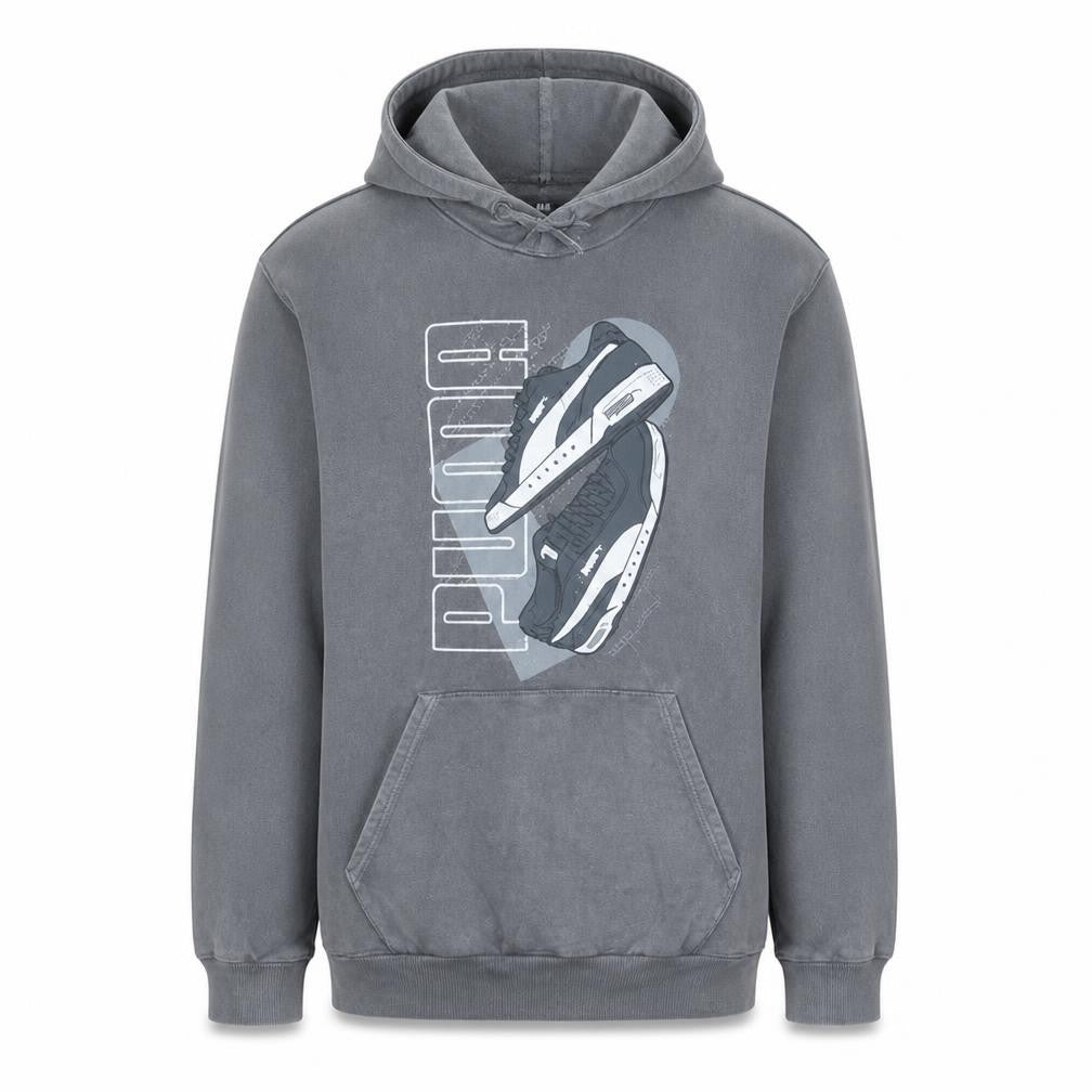 Front view of Puma men’s grey pullover hoodie medium graphic sports fleece