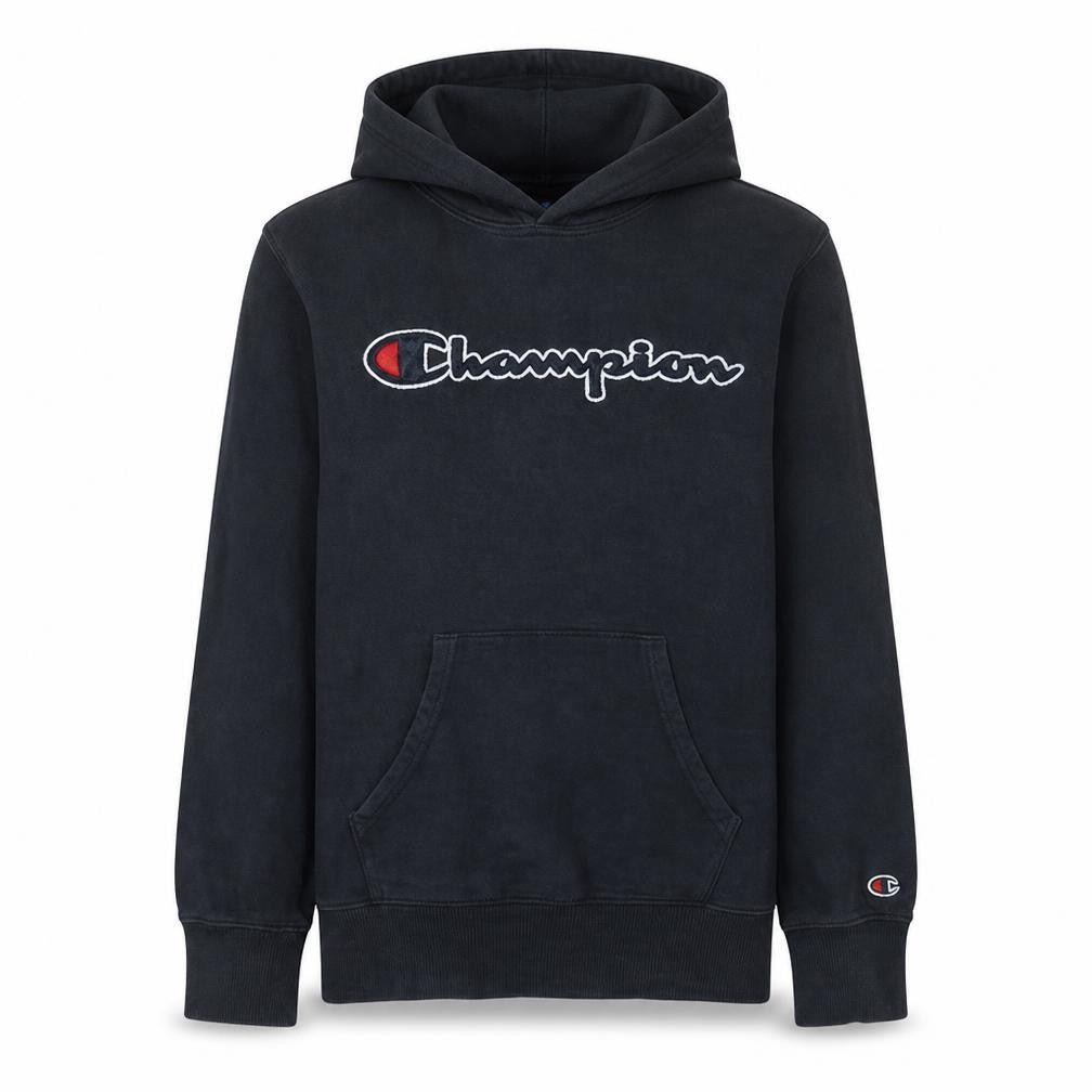 Front view of Champion Men's Black Pullover Hoodie Medium Logo Fleece Sweatshirt