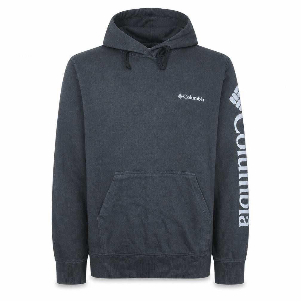 Front view of Columbia Men's Grey Pullover Hoodie M Graphic Logo Fleece Sweatshirt
