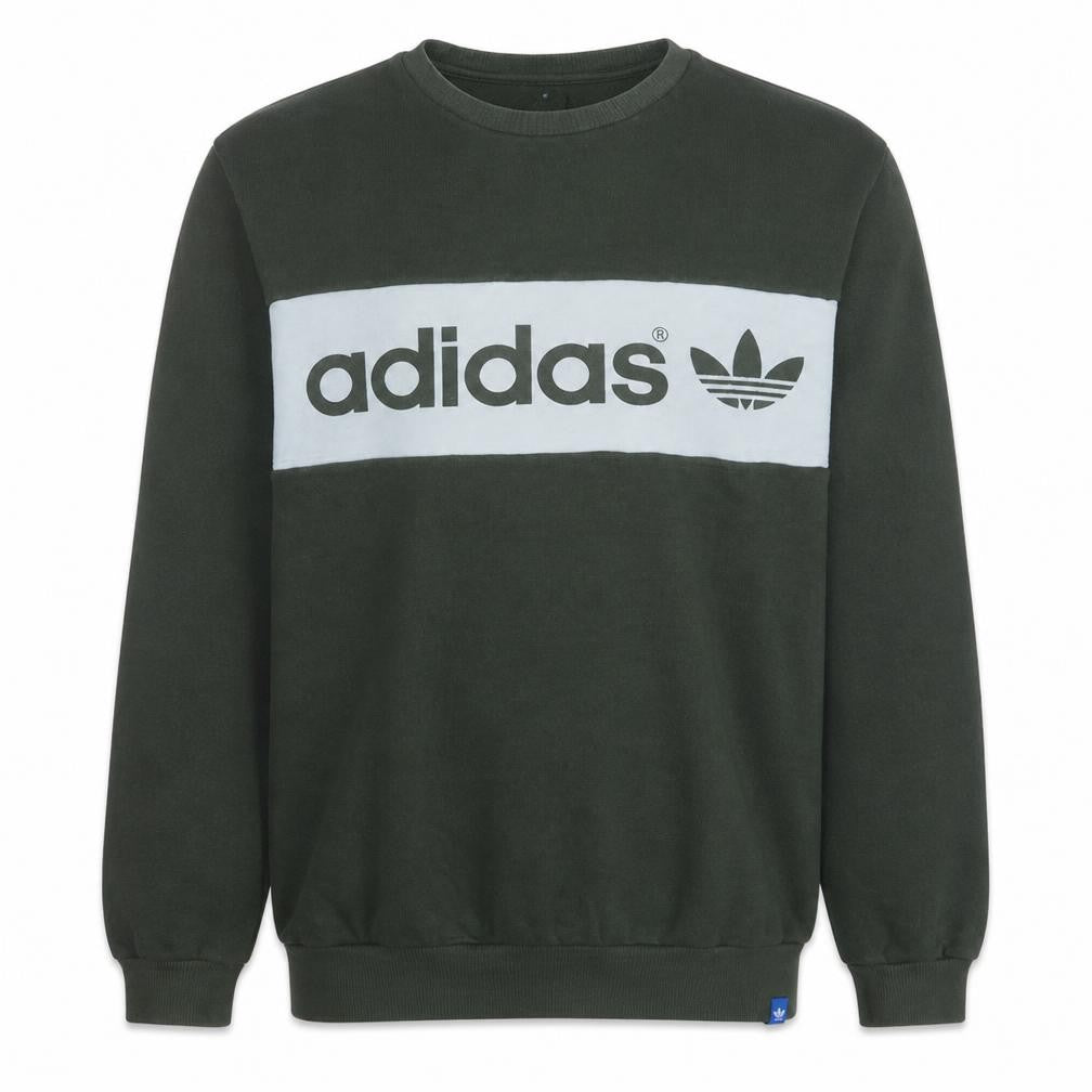 Front view of Adidas men’s black crew neck sweatshirt l logo graphic pullover