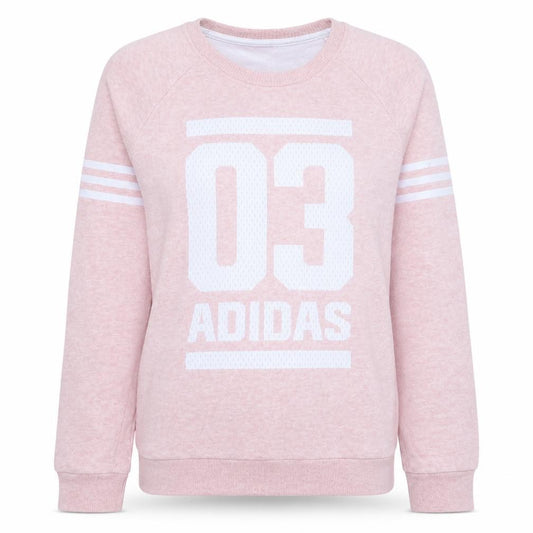 Front view of Adidas women’s pink graphic crew neck pullover sweatshirt, size M