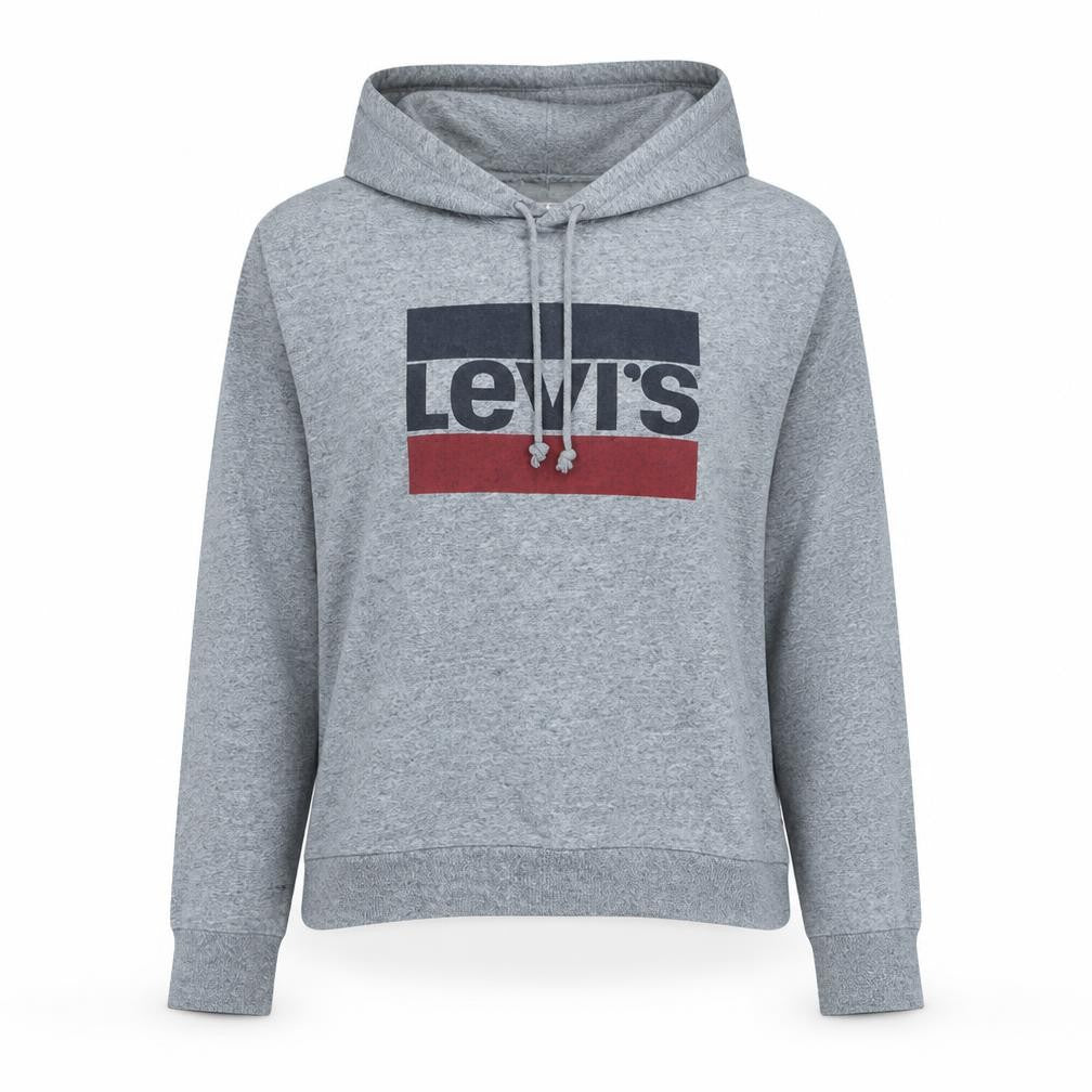 Front view of Levi's women’s grey small pullover hoodie with logo print