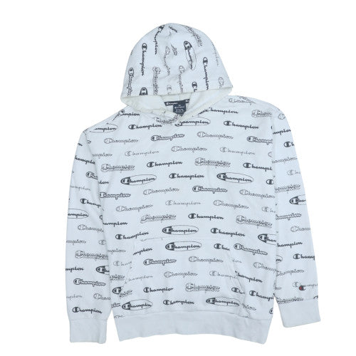 Champion Mens White Logo Print Pullover Hoodie Medium