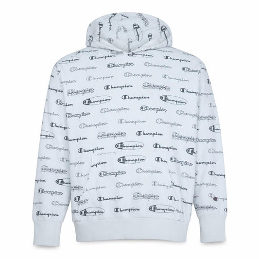 Front view of Champion men’s white logo print pullover hoodie medium