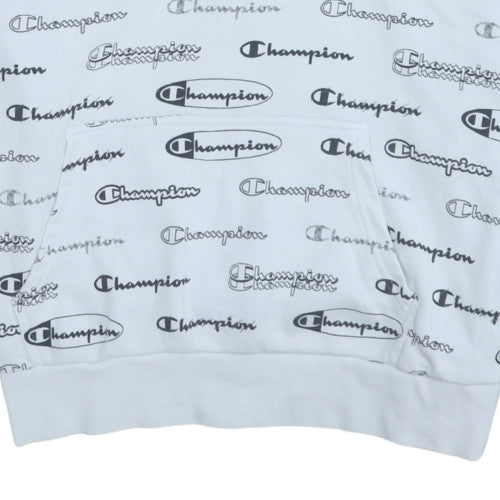 Champion Mens White Logo Print Pullover Hoodie Medium