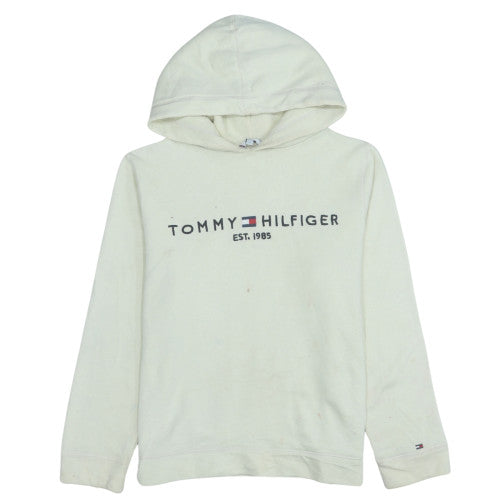 Tommy Hilfiger Men's White Pullover Hoodie L Logo Fleece Sweatshirt