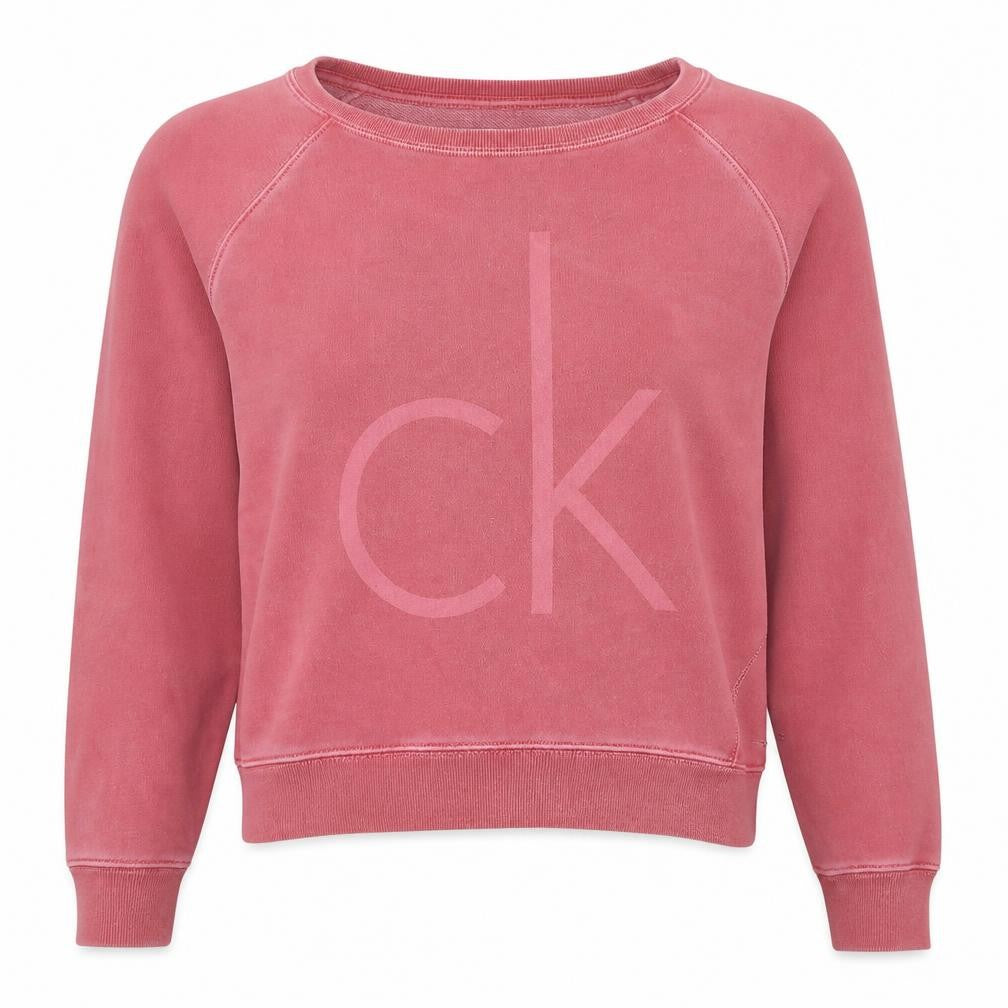 Front view of Calvin Klein Jeans women’s pink small pullover logo sweatshirt