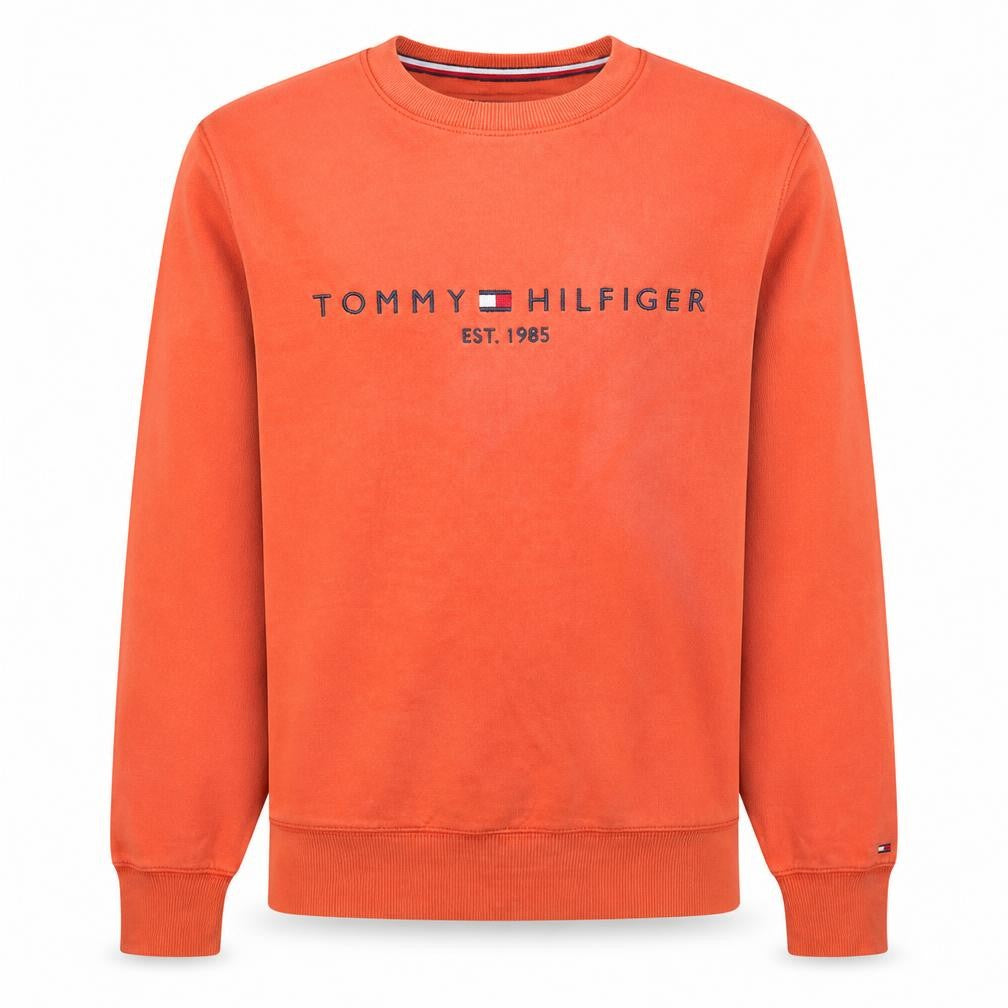 Front view of Tommy Hilfiger Men's Orange Cotton Crew Neck Logo Sweatshirt S