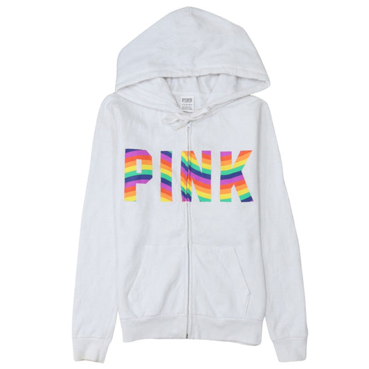 Victoria's Secret PINK Women White XS Full Zip Hoodie Rainbow Logo