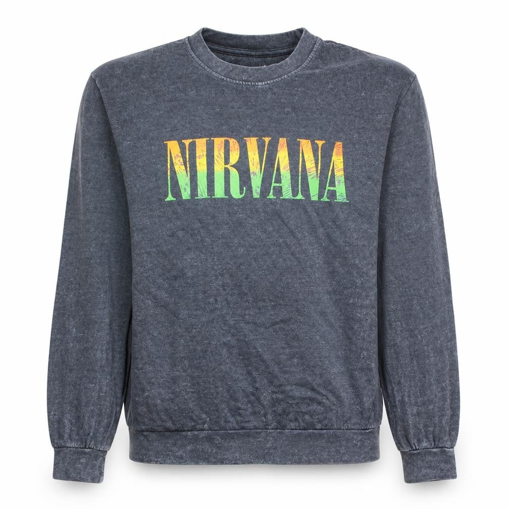 Front view of Nirvana Men's Grey Graphic Logo Pullover Sweatshirt M