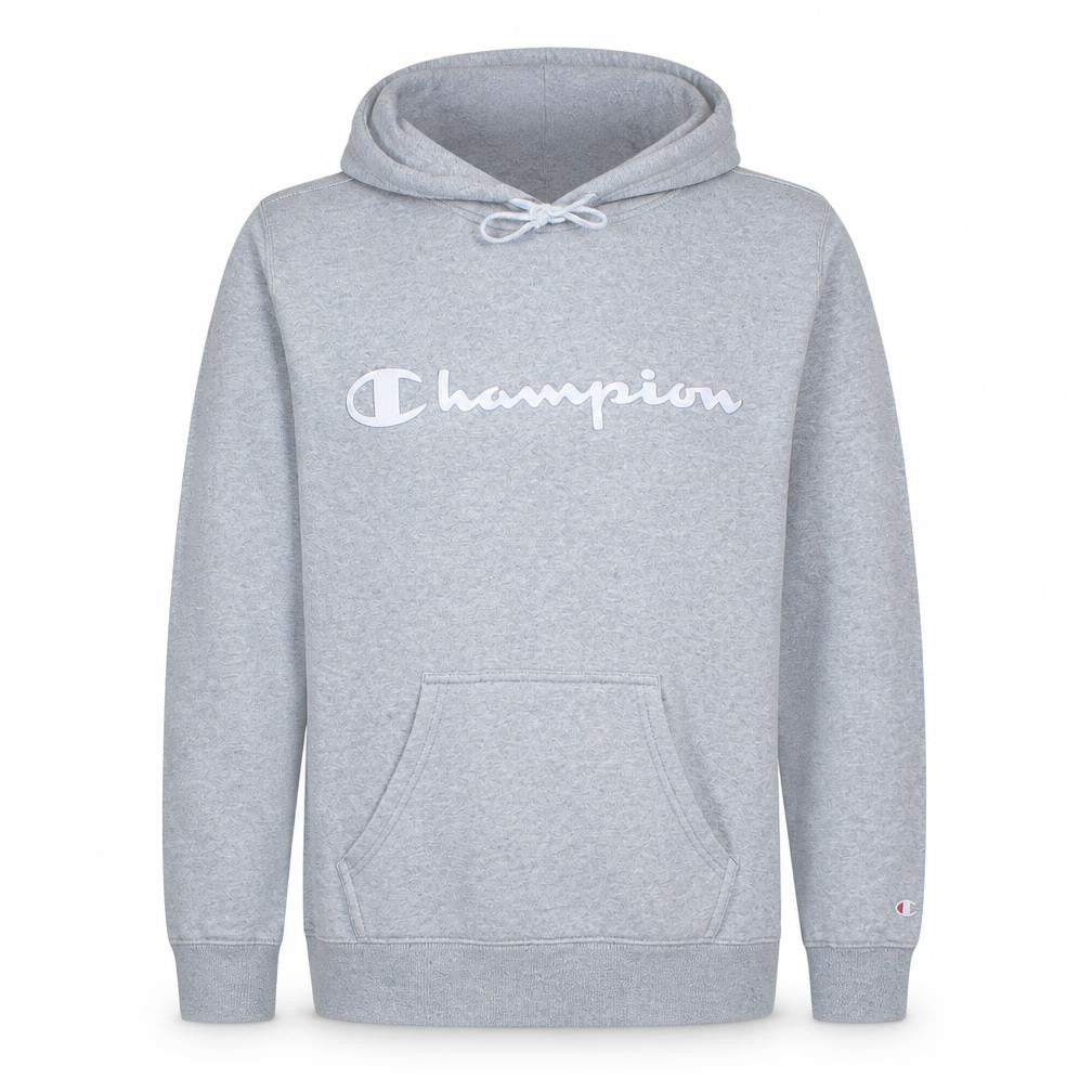 Front view of Champion Men's Grey Small Pullover Hoodie with Logo
