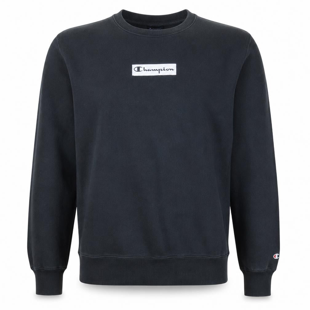Front view of Champion men’s black large crew neck pullover sweatshirt