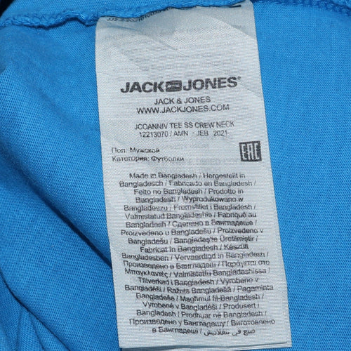 Jack & Jones Men Blue Graphic Print Crew Neck Cotton T-Shirt L