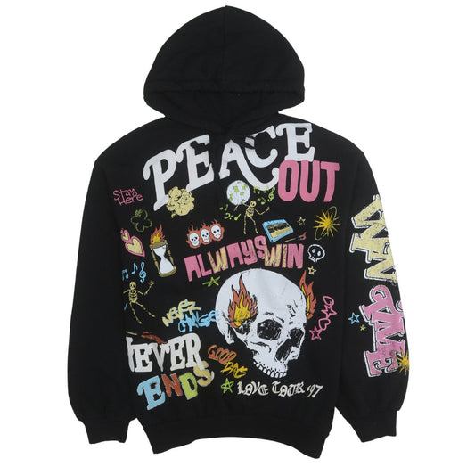 Bershka Womens Black XS Graphic Pullover Hoodie Peace Out Design