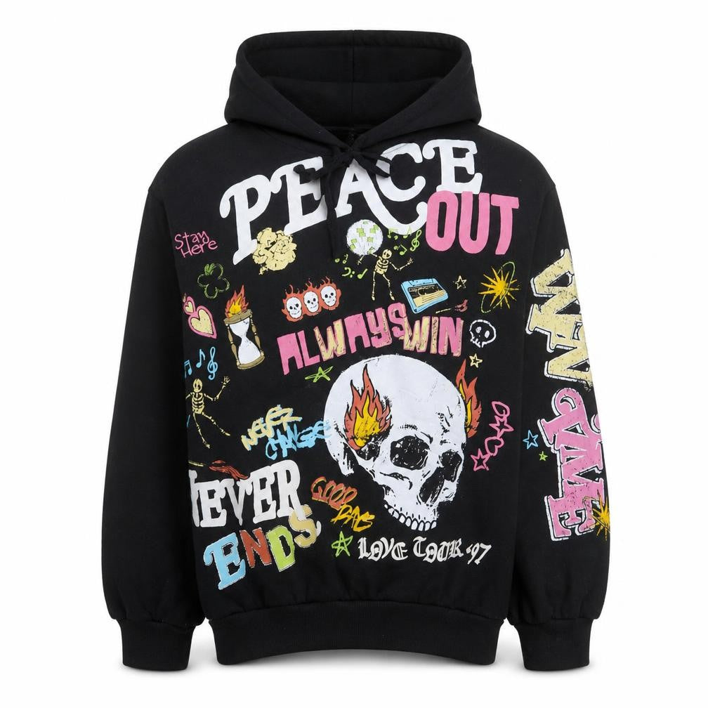 Bershka Womens Black XS Graphic Pullover Hoodie Peace Out Design
