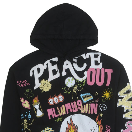 Bershka Womens Black XS Graphic Pullover Hoodie Peace Out Design