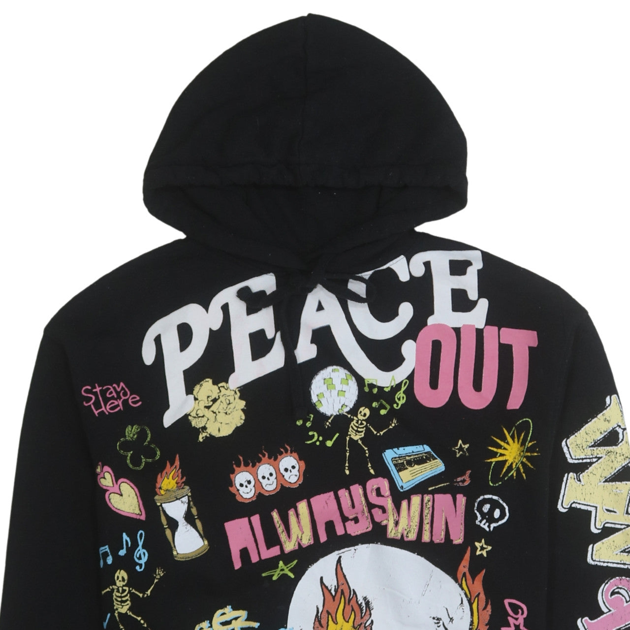 Bershka Womens Black XS Graphic Pullover Hoodie Peace Out Design