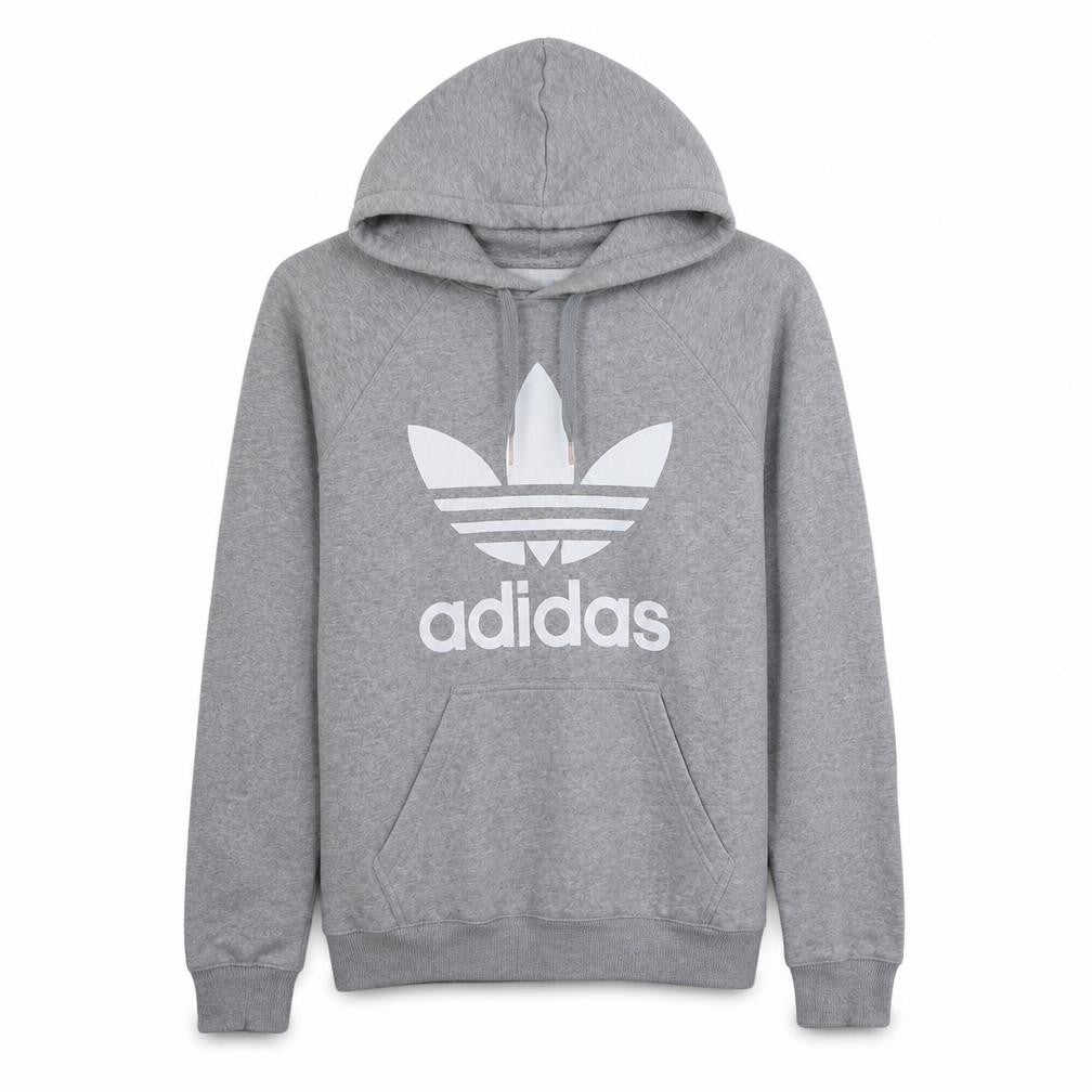 Front view of Adidas Men Grey Hoodie Small Pullover Logo Cotton Blend Sweatshirt