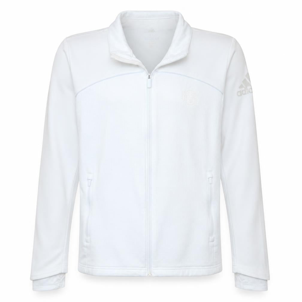 Front view of Adidas Men White Full Zip Golf Jacket, size M, Lightweight Polyester