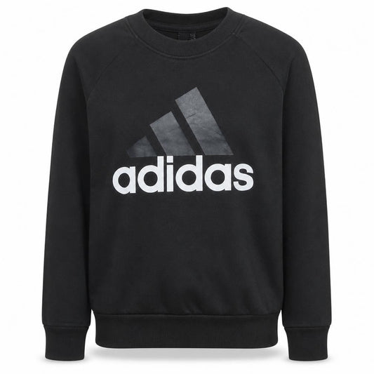 Front view of Adidas women’s black medium pullover sweatshirt crew neck logo print
