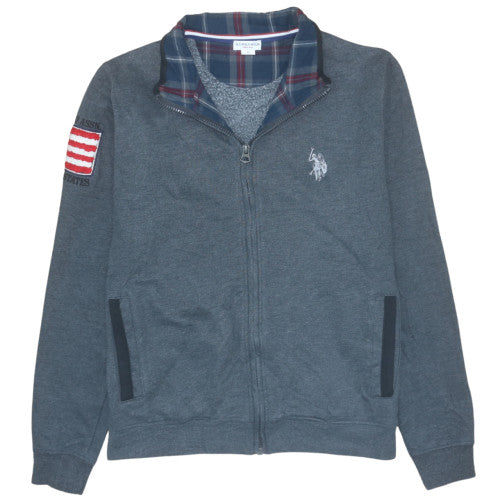 U.S. Polo Assn. Men's Grey Full Zip Hoodie M Plaid Collar