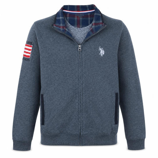 Front view of U.S. Polo Assn. Men's Grey Full Zip Hoodie M Plaid Collar