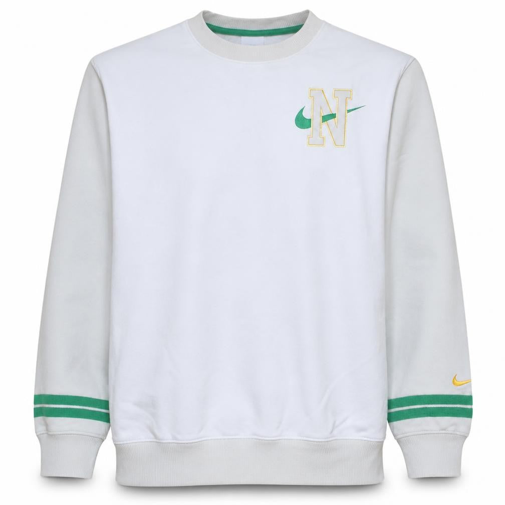 Front view of Nike Men's White Crew Neck Embroidered Sweatshirt, size L, Pullover