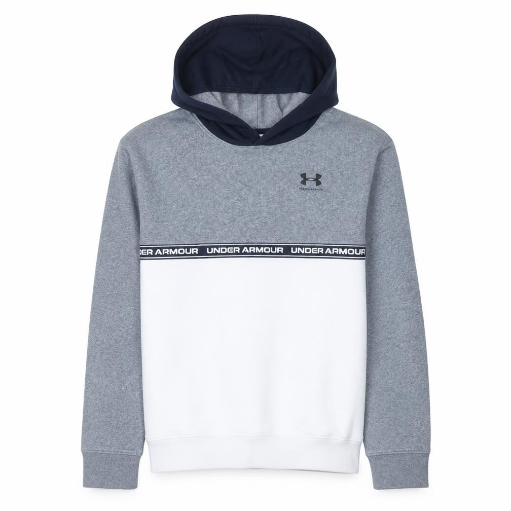 Front view of Under Armour Teens Grey Pullover Hoodie Regular Fit Logo Fleece 164