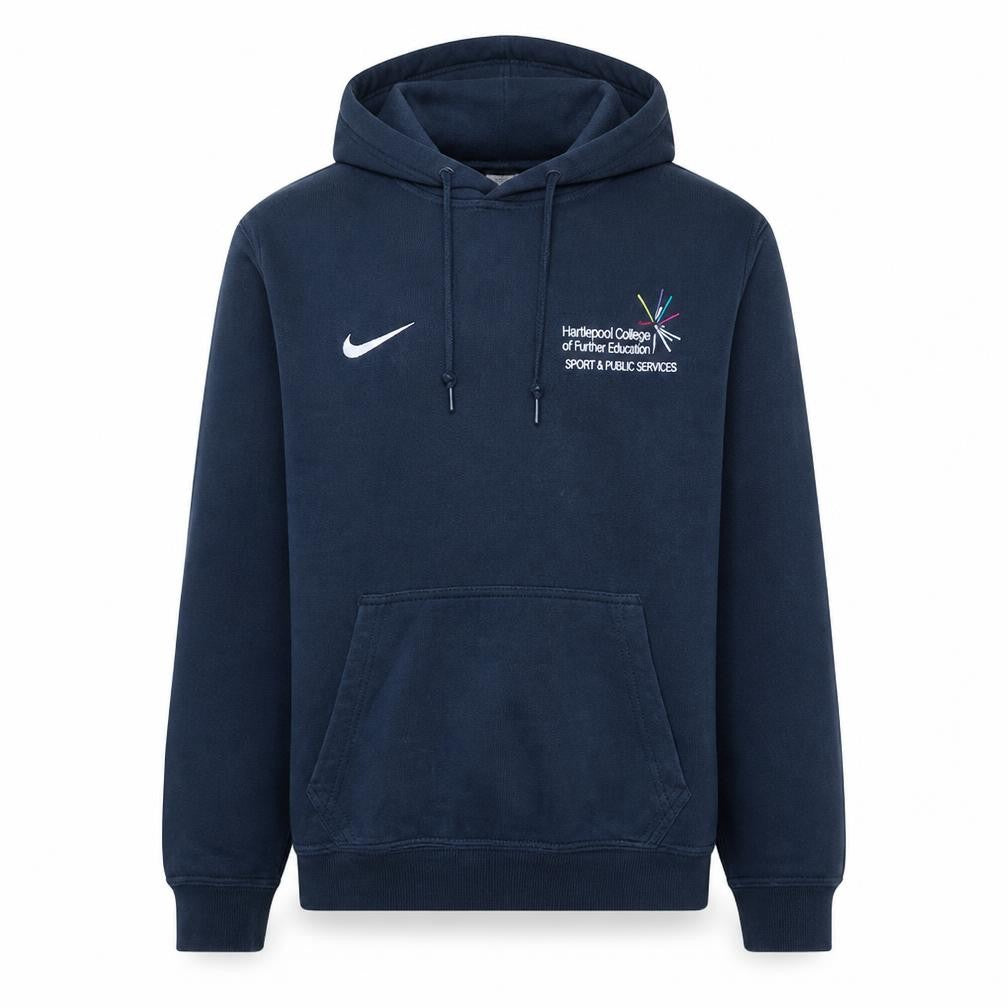 Front view of Nike Men's Blue Pullover Hoodie Medium Embroidered College Logo