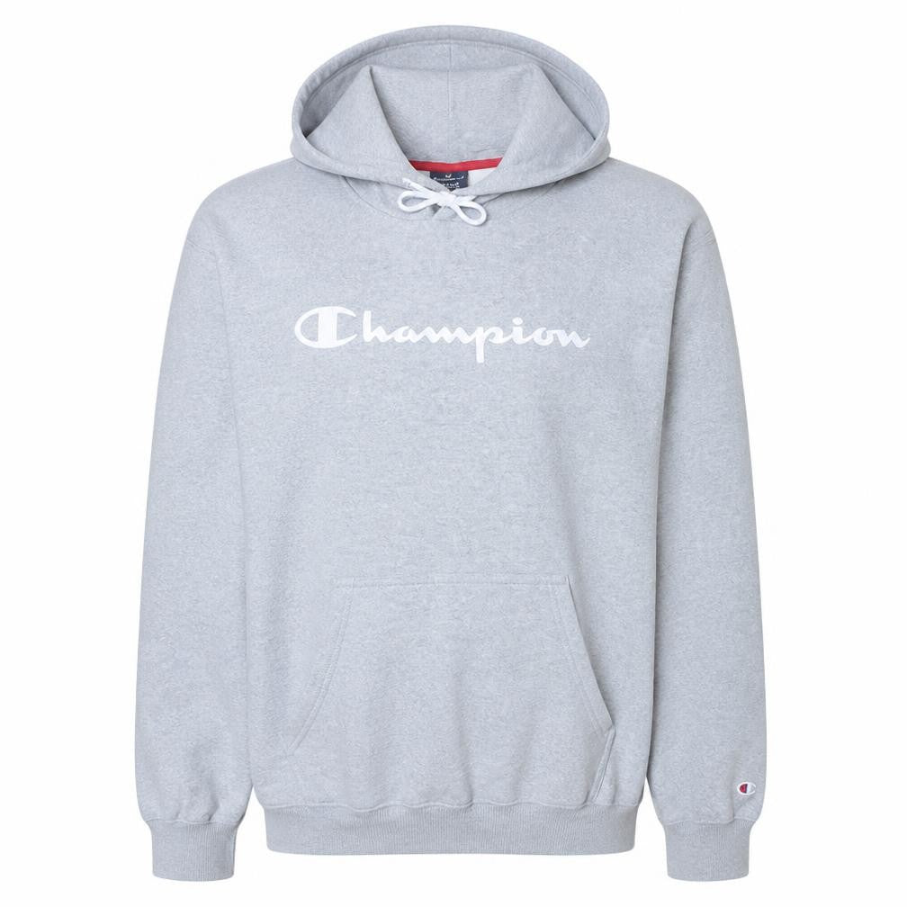Front view of Champion Men's Grey Pullover Hoodie Medium Logo Sportswear