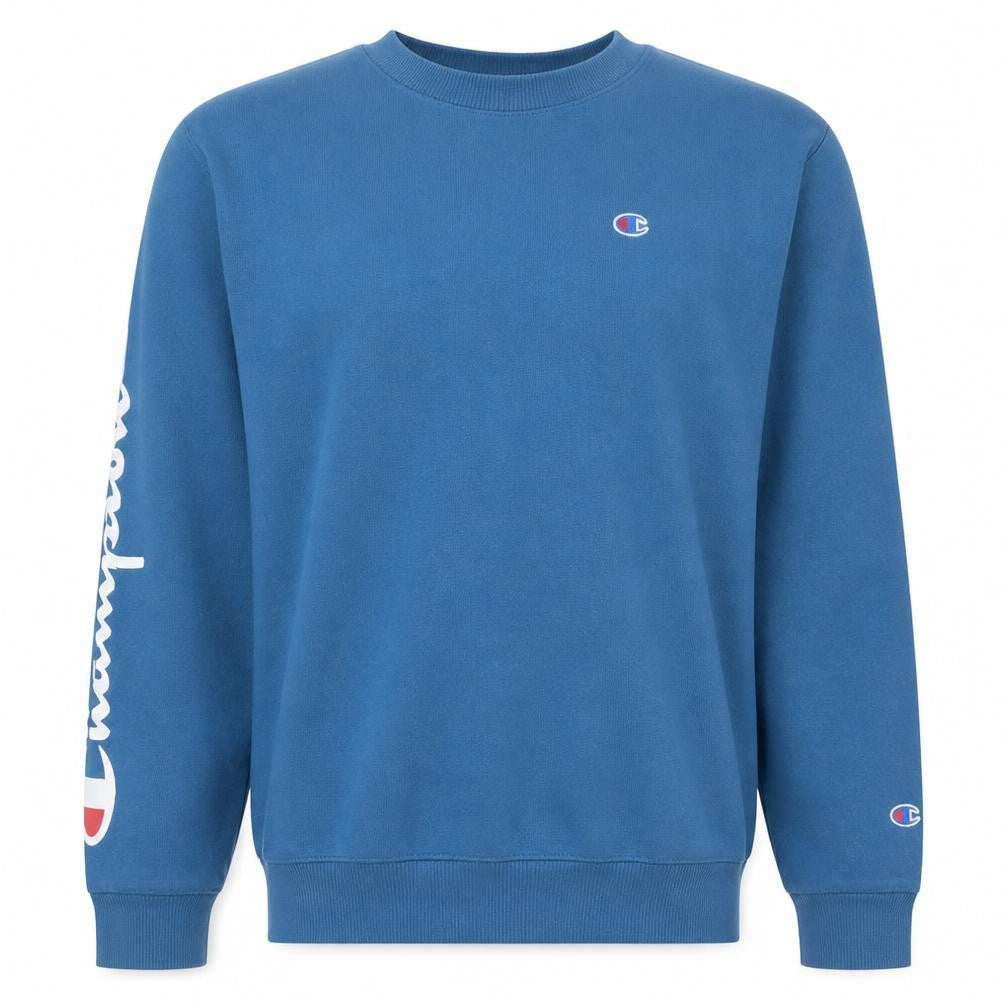 Front view of Champion Men's Blue Pullover Crew Neck Sweatshirt, size L