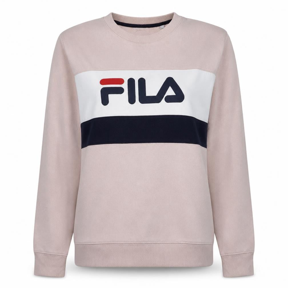 Front view of Fila women’s pink crew neck pullover sweatshirt, size M, cotton logo print